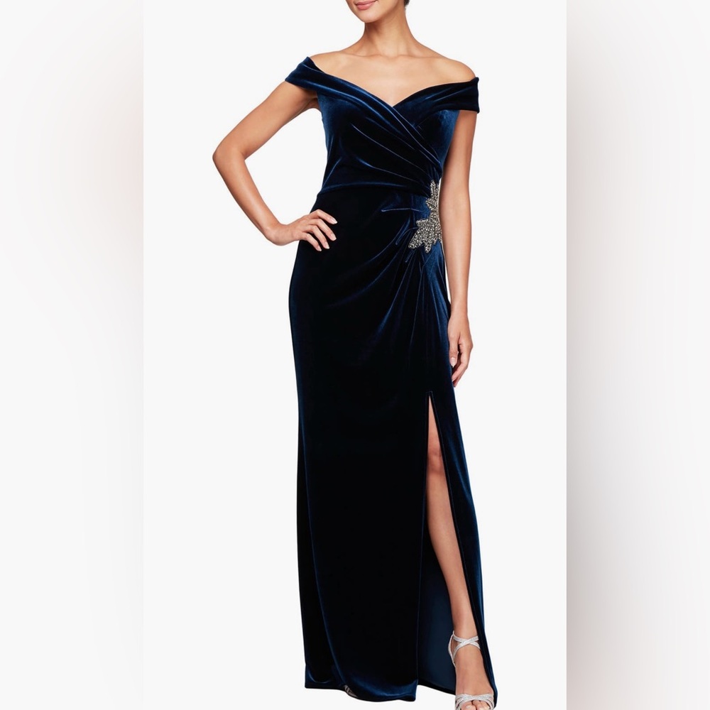 Alex Evenings Strapless Navy Gown with Silver Accent